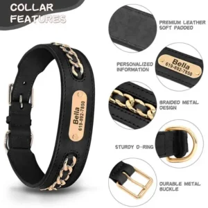Leather Cuban Chain Collar with Customized Nameplate